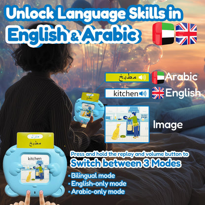 MoLingvora Bilingual Talking Flash Cards for Kids - Arabic English Flashcards Children Adults, 510 Sight Words, ABC Alphabet, Pocket Speech for Toddlers, Audible Sensory Toys (Arabic, Blue)
