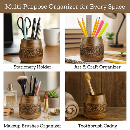 Mie Creations Designer Pencil Holder for Desk Wood | Wooden Pen Stand, Paintbrush Cup, Desk Accessories, Cute Make Up Brush Organizers | Office Desktop Stationery, Christmas Holidays Gift- 4'' Brown