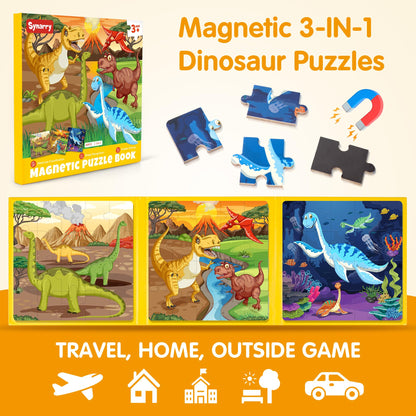 SYNARRY Magnetic Dinosaur Puzzles for Kids Ages 3-5, 20 Pieces Puzzles for Toddlers 4-6, Easter Basket Stuffers Gifts for Kids, Car Airplane Road Trip Activities Magnet Games Toy for Boys Girls