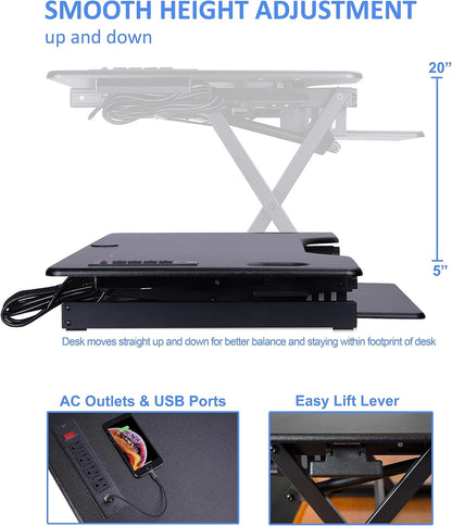 Rocelco 46" Standing Desk Converter with AC USB Charger and Dual Monitor Stand - Height Adjustable Three Screen Riser Computer Workstation - Sliding Keyboard Tray - Black (R DADRB-46-ACUSB-DM3)