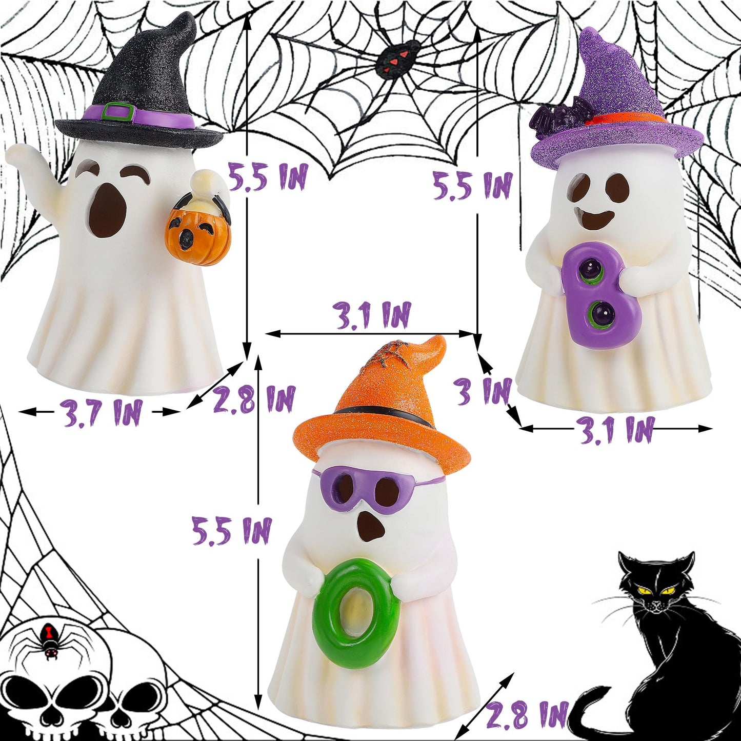 Lulu Home 3 Packs Halloween Tabletop Ornaments, 5.5" H Light Up Resin Ghosts Wearing Glittered Witch Hats, Boo Ghost Figurines for Indoor Fireplace Kitchen Shelf Holiday Decorations
