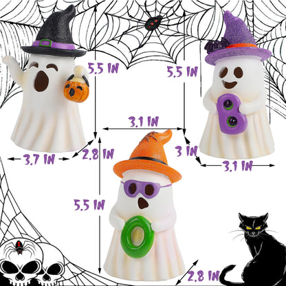 Lulu Home 3 Packs Halloween Tabletop Ornaments, 5.5" H Light Up Resin Ghosts Wearing Glittered Witch Hats, Boo Ghost Figurines for Indoor Fireplace Kitchen Shelf Holiday Decorations