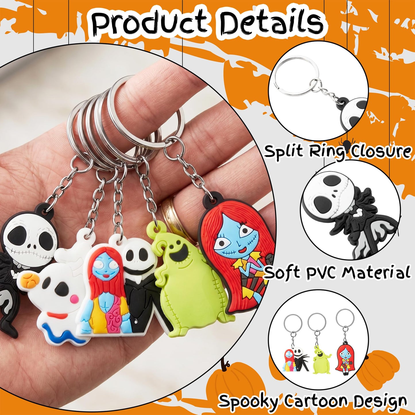 CFuguier Halloween Nightmare Keychains - 30Pcs Spooky Night Keyring Pack Rings Split Stocking Stuffers Car Keys Party Favor Women Men Purse Handbags Backpack Bag Charm Goth Accessories Trick Or Treat