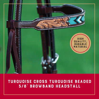 Weaver Equine Turquoise Diamond Beaded Horse Headstall, Leather Headstalls for Horses for Trail Riding, Durable Equine Supplies, Dark Oil