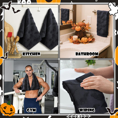 SmoothNovelty 2 Pcs Hand Towels for Bathroom Halloween Hand Towels 100% Cotton Absorbent Decorative Jacquard Weave for Halloween Bath Kitchen Decor Gift, 13.8 x 29.5 Inch(Black,Bat)