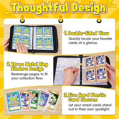 Card Binder – 4 Pocket Zipper Collection Album, Premium PU Holder, Double-Sided Display for 400 Cards, Includes 5 Hard Plastic Sleeves for Game Cards, Sports Cards