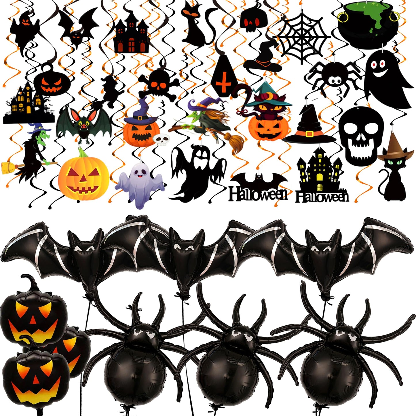 Halloween Balloons and Hanging Swirls - Pack of 64 | Giant 47 Inch Bat Balloons, Black Spider and Pumpkin Balloon | Spooky Halloween Party Decorations