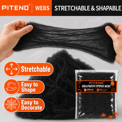 Piteno® 1200 sqft Spider Webs Halloween Decorations with 40 Fake Spiders, Stretchable Halloween Spider Webs for Indoor Outdoor Haunted House Yard Porch Party Decor (Black)