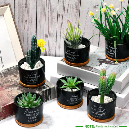 RimCereal 9 Pcs Inspirational Bible Verse Gifts Black Ceramic Succulent Pots with Bamboo Saucers Christian Decor Perfect Religious Gift for Home Office for Mother's Day Graduation Teachers Nurses