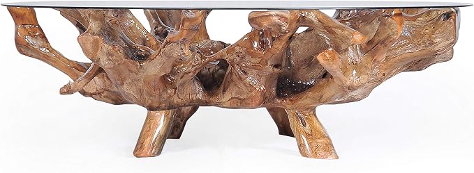 CHIC TEAK Genuine Teak Wood Root Coffee Table Including 55 Inch Round Glass Top Made