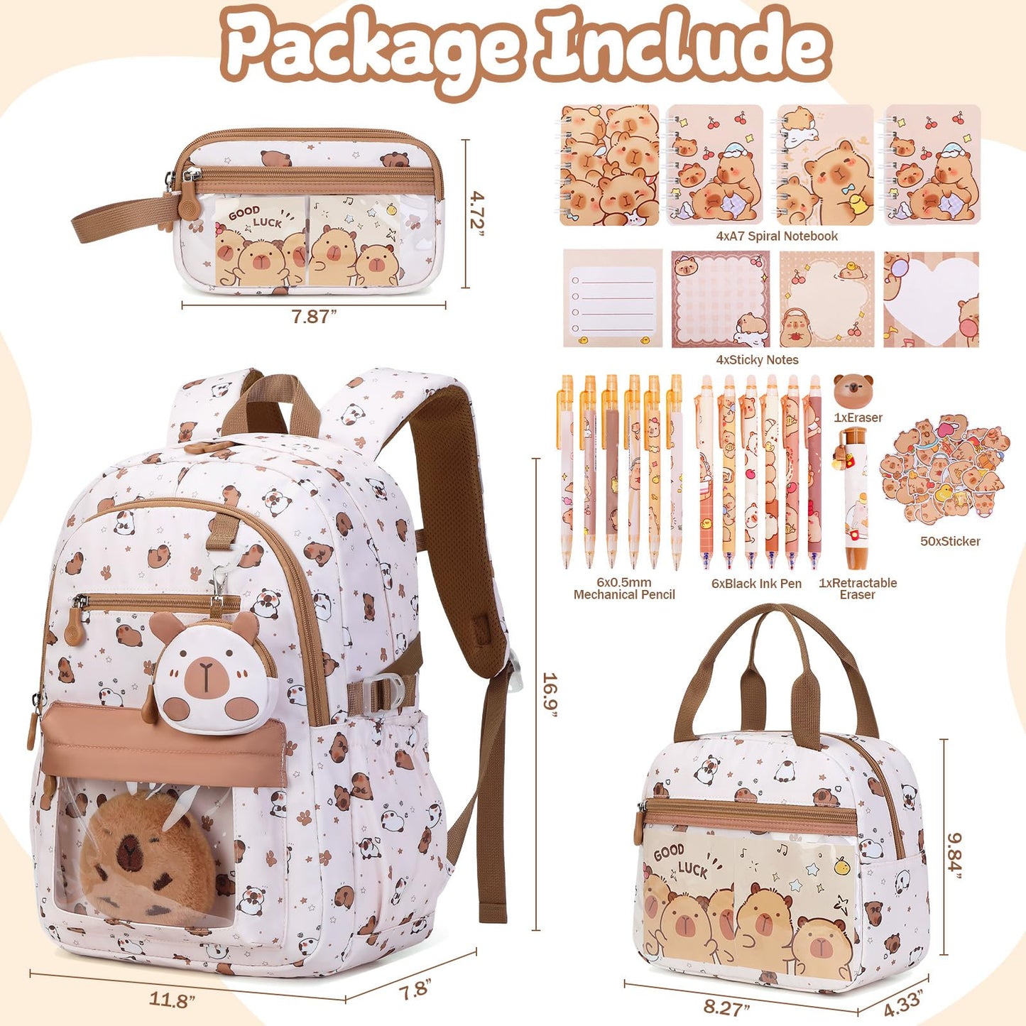 Similove Capybara Theme Backpack for School Girls, 35PCS Kids Backpack Set with School Supplies Stationery Kit Lunch Box Pencil Case, Cute Girls Bookbag for Kindergarten Elementary Student