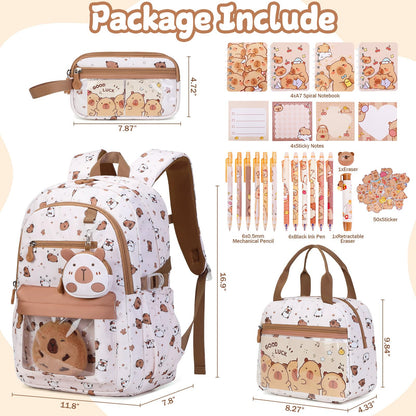 Similove Capybara Theme Backpack for School Girls, 35PCS Kids Backpack Set with School Supplies Stationery Kit Lunch Box Pencil Case, Cute Girls Bookbag for Kindergarten Elementary Student