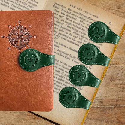 Leather Magnetic Bookmarks, 3D Embossed Alphabet Initial Letter Bookmark, Cute Page Markers for Books, Journals, Planners, Bible, Small Reading Gifts for Women Men, Teachers, Students (Green W)