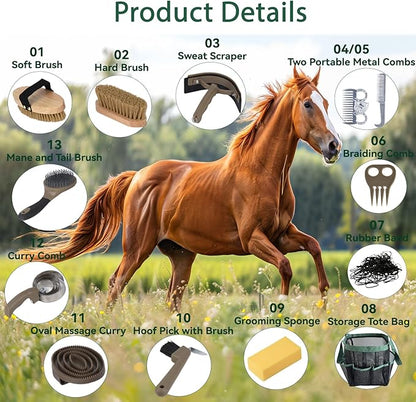 Horse Grooming Kit 13 Piece, Horse Brushes for Grooming Supplies Set with Organizer Bag, Horse Brush & Curry Comb for Effective Cleaning, Gift for Horses Riders Beginners