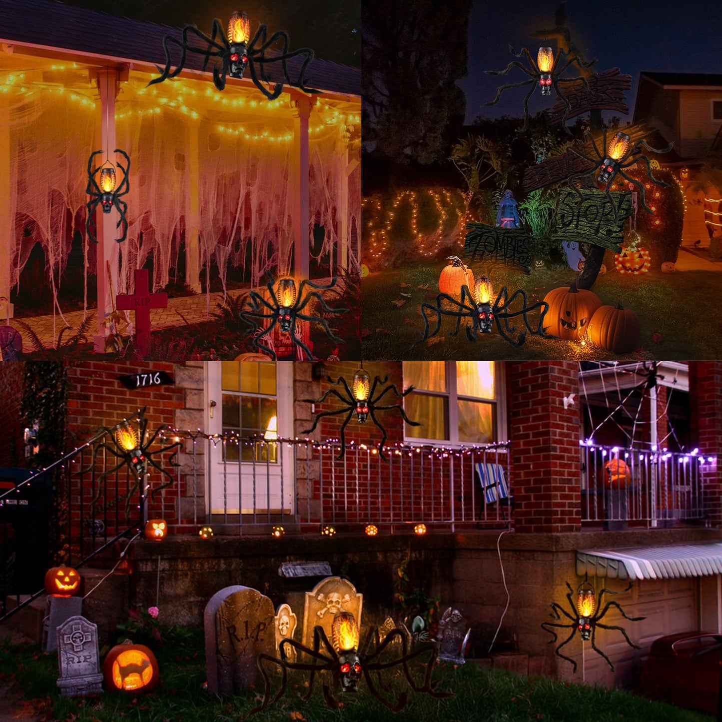 Halloween Skull Flame Lights with 8 Spider Tentacles 2 Pack- Solar Powered Outdoor Lighting Decoration for Halloween Parties, Gardens, and Haunted Displays (Orange, 2 Pack)