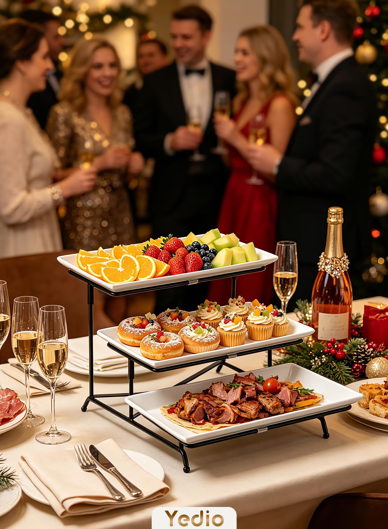 Yedio 3 Tier Serving Trays for Party, Porcelain Serving Platters and Trays, 12 Inch Tiered Tray Stand, Fruit Tray, Trays for Serving Food, White Dessert Stand with Collapsible Sturdier Metal Rack