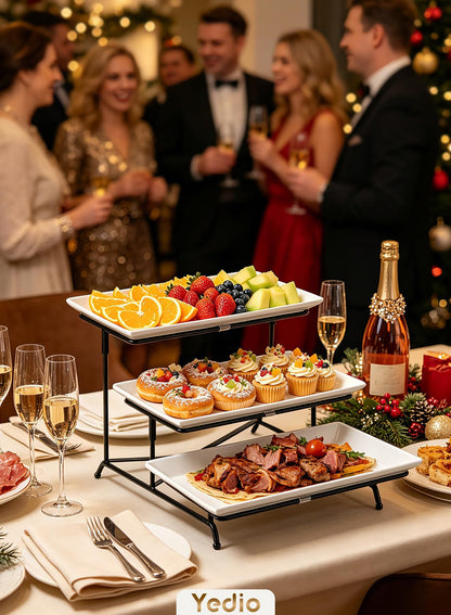 Yedio 3 Tier Serving Trays for Party, Porcelain Serving Platters and Trays, 12 Inch Tiered Tray Stand, Fruit Tray, Trays for Serving Food, White Dessert Stand with Collapsible Sturdier Metal Rack