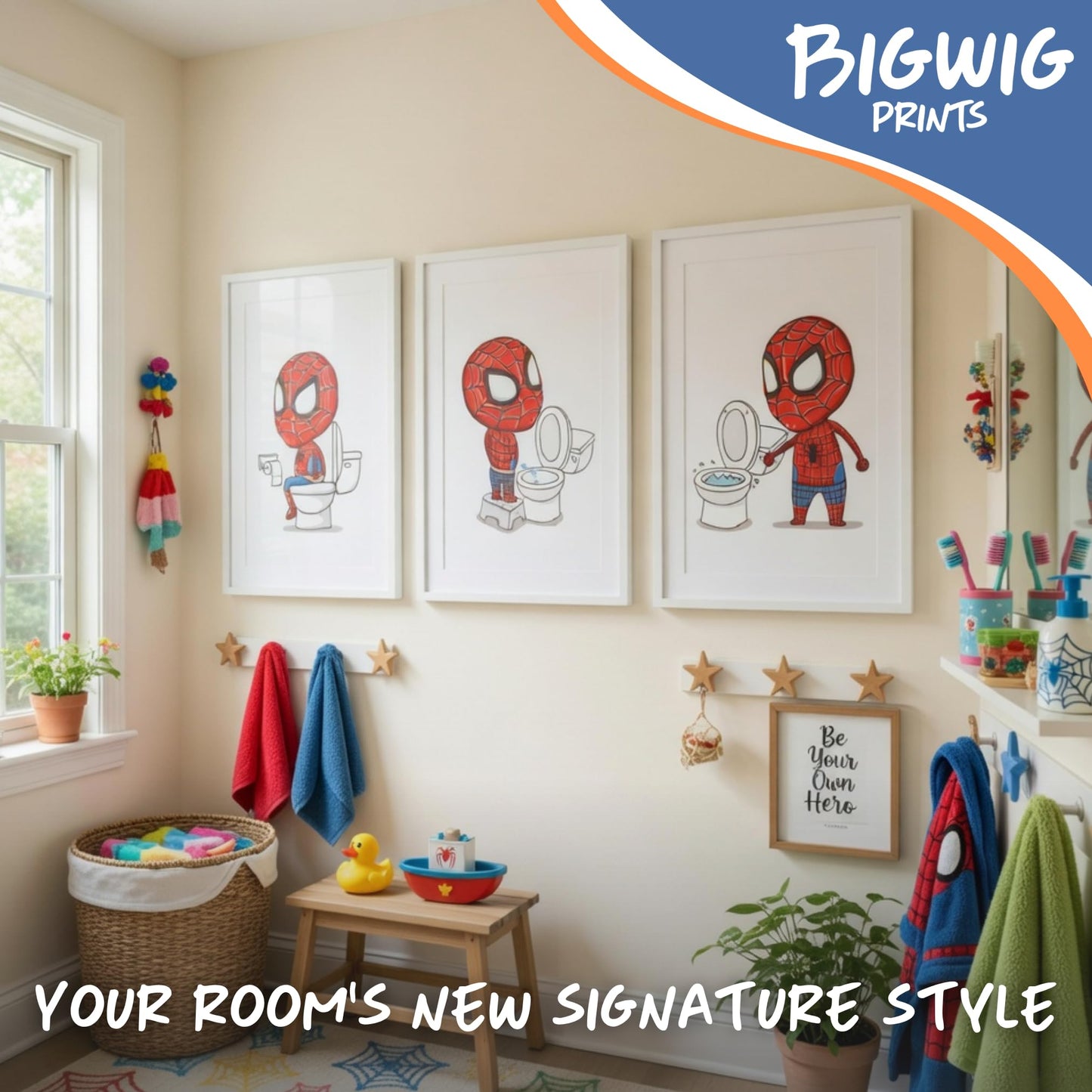 BigWig Prints Spider Man Bathroom Decor Makes Potty Training Fun Spiderman Kids Bathroom Wall Art Set Of 6 Unframed (8x10)