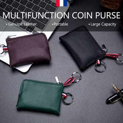 Plinvo Mini Genuine Leather Wallet Coin Purse with Dual Keyrings Compact Change Pouch and Card Holder for Men and Women (Dark green)