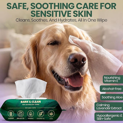 Bark & Clean Dog Wipes for Paws and Butt, 50 Count Large 8.5" x 9" Hypoallergenic Bamboo Pet Wipes Compostable Puppy Wipes with Lavender for Dogs Body Face - Deodorizing Grooming Wipes