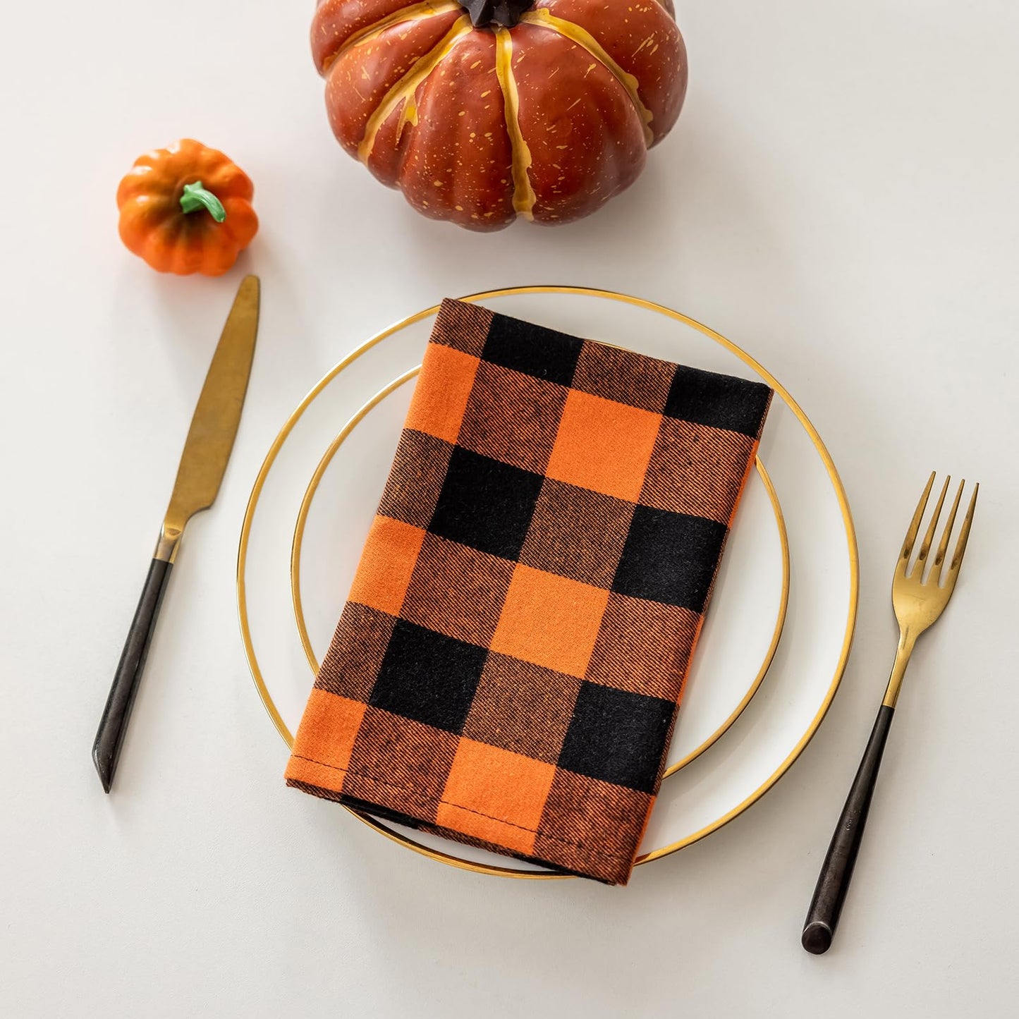 Joyfol Day 4-Pack Orange Buffalo Plaid Cloth Napkins - 17x17 Inch Halloween & Fall Checkered Dinner Napkins, Washable for Thanksgiving Table Decor (Set of 4)