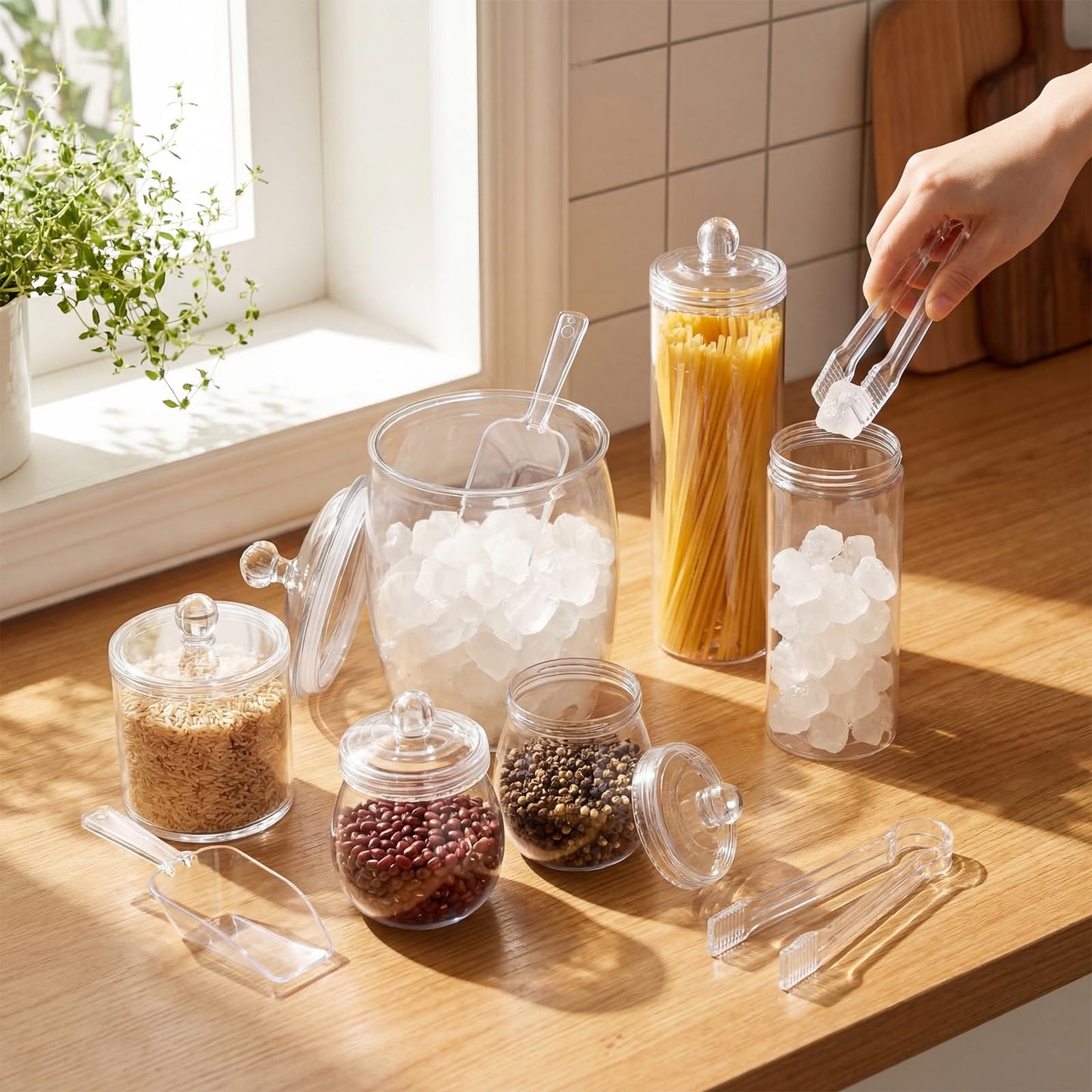 Suclain 10 Pcs Plastic Candy Jars with Lids Apothecary Jars with 6 Set Ice Tongs and Scoops Cookie Jar Candy Buffet Containers Candybar Supplies for Graduation Gift Birthday Party Wedding Decoration