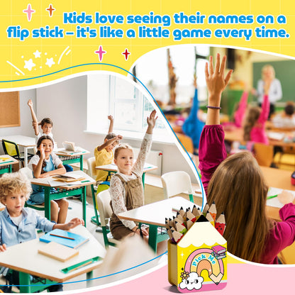 Flip Name Sticks with Wooden Pencil Box, 36Pcs Talking Sticks for Classroom Management Tools, Teacher Essentials Student Educational and Learning Activities Equity Sticks for Classroom Must Haves