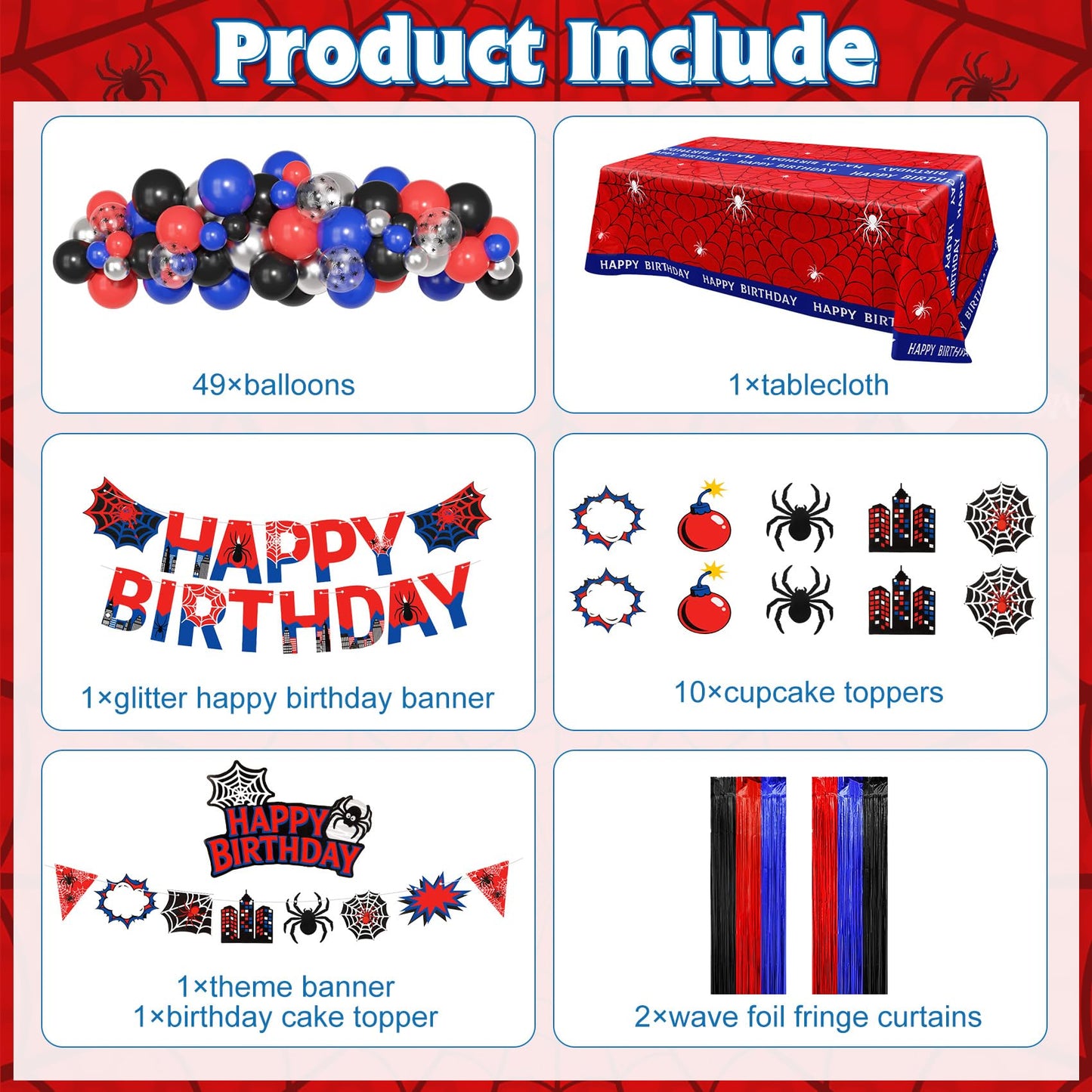 Black Red and Blue Birthday Party Decorations, 67 Pcs Spider Balloons Party Supplies with Table Cloth, Happy Birthday Banner Garland, Foil Fringe Curtains, Spider Cake Topper for Cartoon Shower Theme
