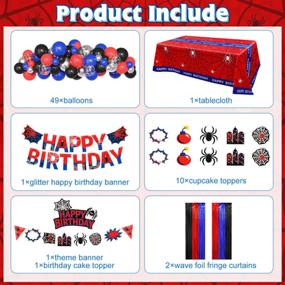 Black Red and Blue Birthday Party Decorations, 67 Pcs Spider Balloons Party Supplies with Table Cloth, Happy Birthday Banner Garland, Foil Fringe Curtains, Spider Cake Topper for Cartoon Shower Theme