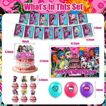 Gothic Monster Girl Birthday Party Decorations 42PCS Spooky Party Supplies with Banner, Cake Topper, Cupcake Toppers, Backdrop & Balloons, Spooky Themed Decor for Birthday, Halloween & Teen Party