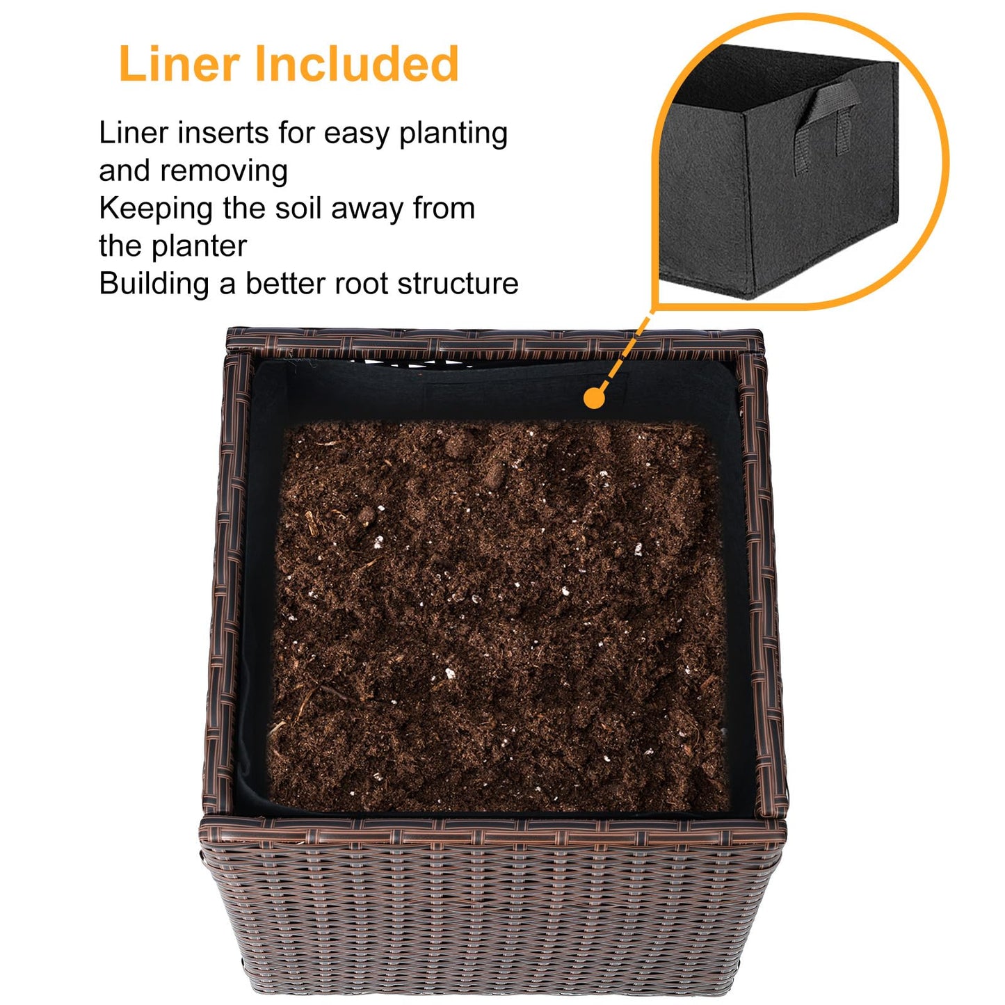 SUNNYPARK Set of 2 Large Square Planter with Removable Liner, All-Weather PE Rattan Modern Planters Indoor Outdoor Flower Plant Pots Garden Box Patio Yard Front Porch Deck
