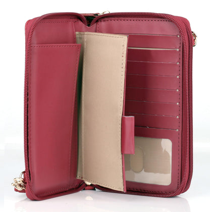 Julia Buxton RFID Blocking Wallet on a String for Women - Compact Crossbody Bag with Removable Wristlet Strap, 15 Card Slots & Multiple Zip Pockets, Red