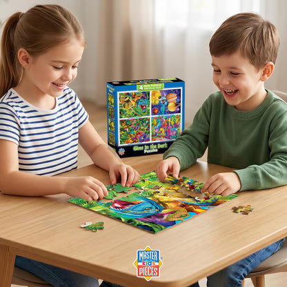 MasterPieces – Jigsaw Puzzle Set for Kids 6+ Years, 4-Pack of 100 Pieces, Educational and Fun Game, Blue Glow in The Dark Collection, Gift Idea for Children, 8" x 10