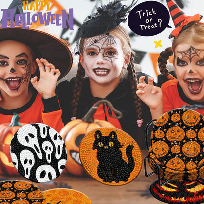 Demonwer 8 Halloween Diamond Art Coasters with Holder DIY Halloween Diamond Dot Coasters 5d Full Drill Diamond Coasters for Adults