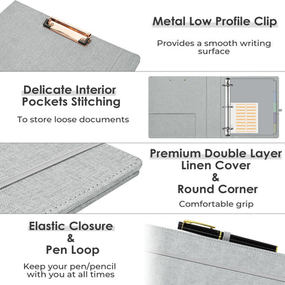 EYROZILL 3 Ring Binder 2 Inch, Binder for Letter Size (11" x 8.5") with 5 Tab Dividers, File Folder Labels and Low Profile Clipboards, Light Grey
