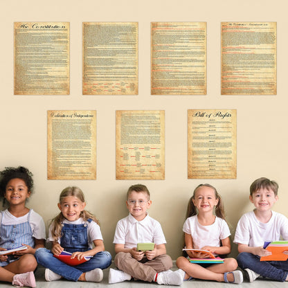 7Pcs American Founding Documents Poster US Constitution with All Amendments, Declaration of Independence and Bill Of Rights Posters Vintage US History Wall Prints for Classroom School Home Office