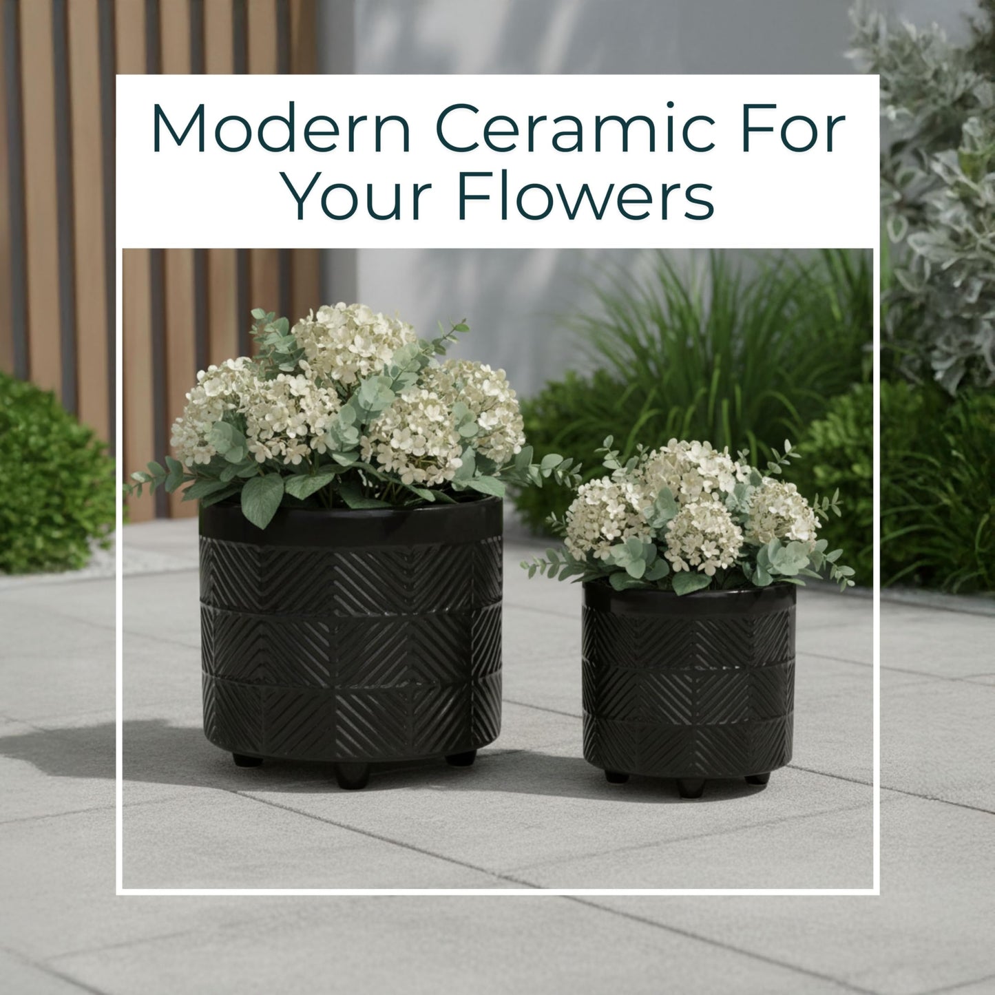 Set of 2 Ceramic Decorative Footed Planter Pot – Outdoor & Indoor Plant Pot with Embossed Textured Finish – Elegant and Modern Garden & Home Decor Ceramic Planters – 7" & 8", Black