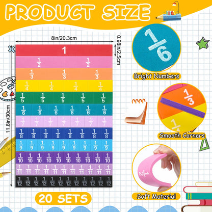 Sayglossy 20 Set Fraction Tiles Set for Math Classroom Rainbow Color Manipulatives Montessori Math Materials for Maths Classroom School Learning Educational Supplies