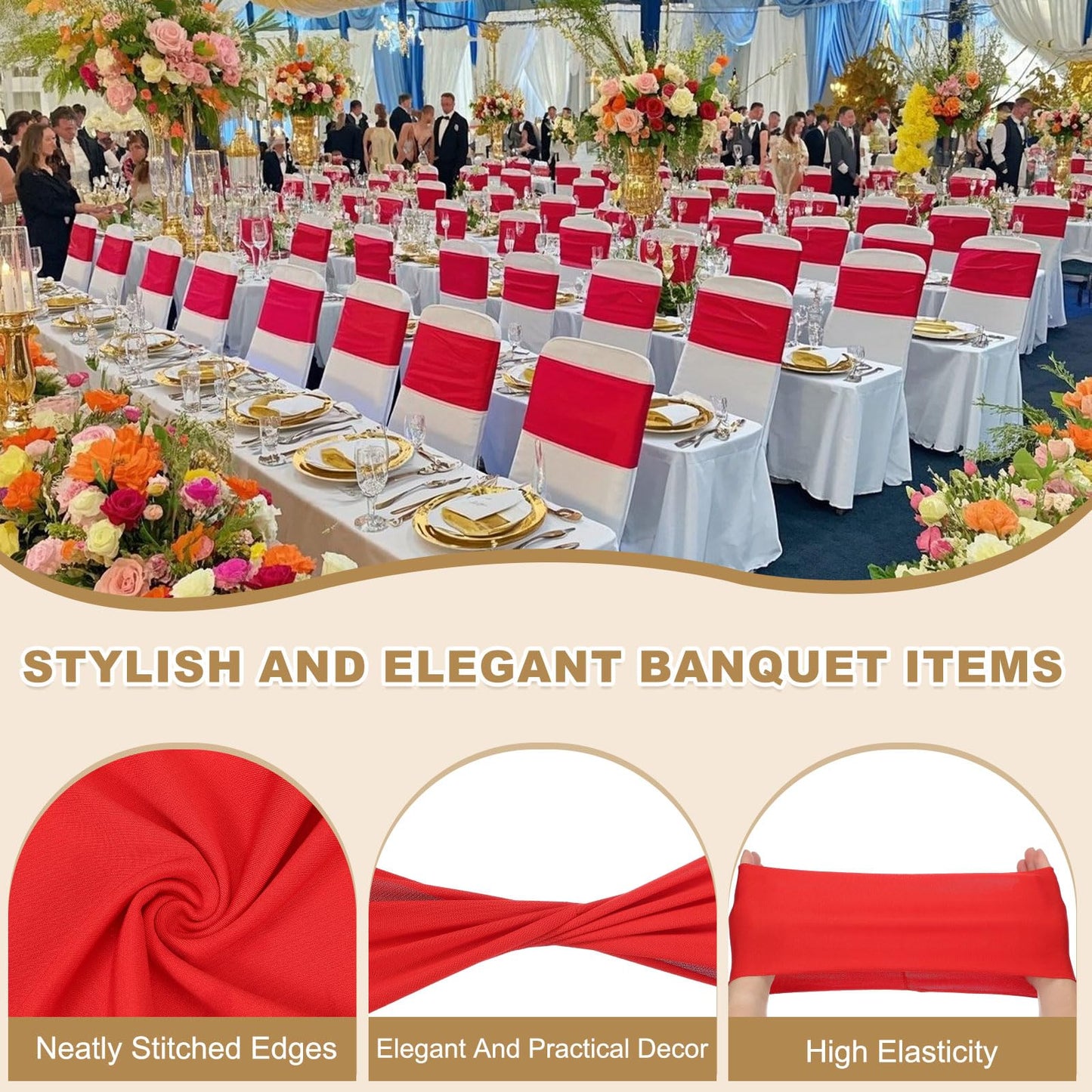 PATIKIL Premium Spandex Chair Sashes Bows, 25 Pcs Elastic Stretch Chair Cover Band Ties with Slider Buckle for Birthday Party Banquet Wedding Decoration, Bright Red