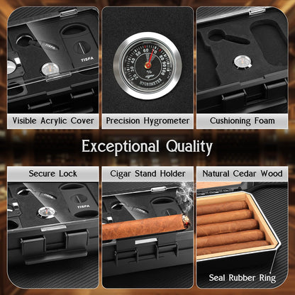 TISFA Cigar Humidor Set Travel Humidor Includes 2 Multifunctional Cutters, Hole Punch, Humidifier, Hygrometer, Portable Cedar Wood Lined Cigar Box Holder Case Gifts for Men (Black)