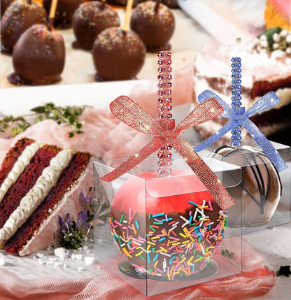 MGWOTH Candy Apple Boxes with Bling Stick Hole Set, 20 Pack Caramel Apple Wrapping Kit with Clear Containers & Rhinestone Bamboo Skewers & Glitter Ribbons, Top for Cake Pop Chocolate Treat Christmas