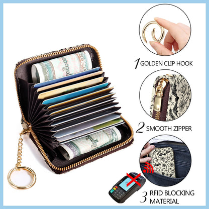 Blusabaca Credit Card Holder for Women, Goth Small RFID Blocking Wallet with Wristlet Strap, Gothic Zipper Keychain Women Wallet, Leather Card Case Wallet Purse with Key Lanyard
