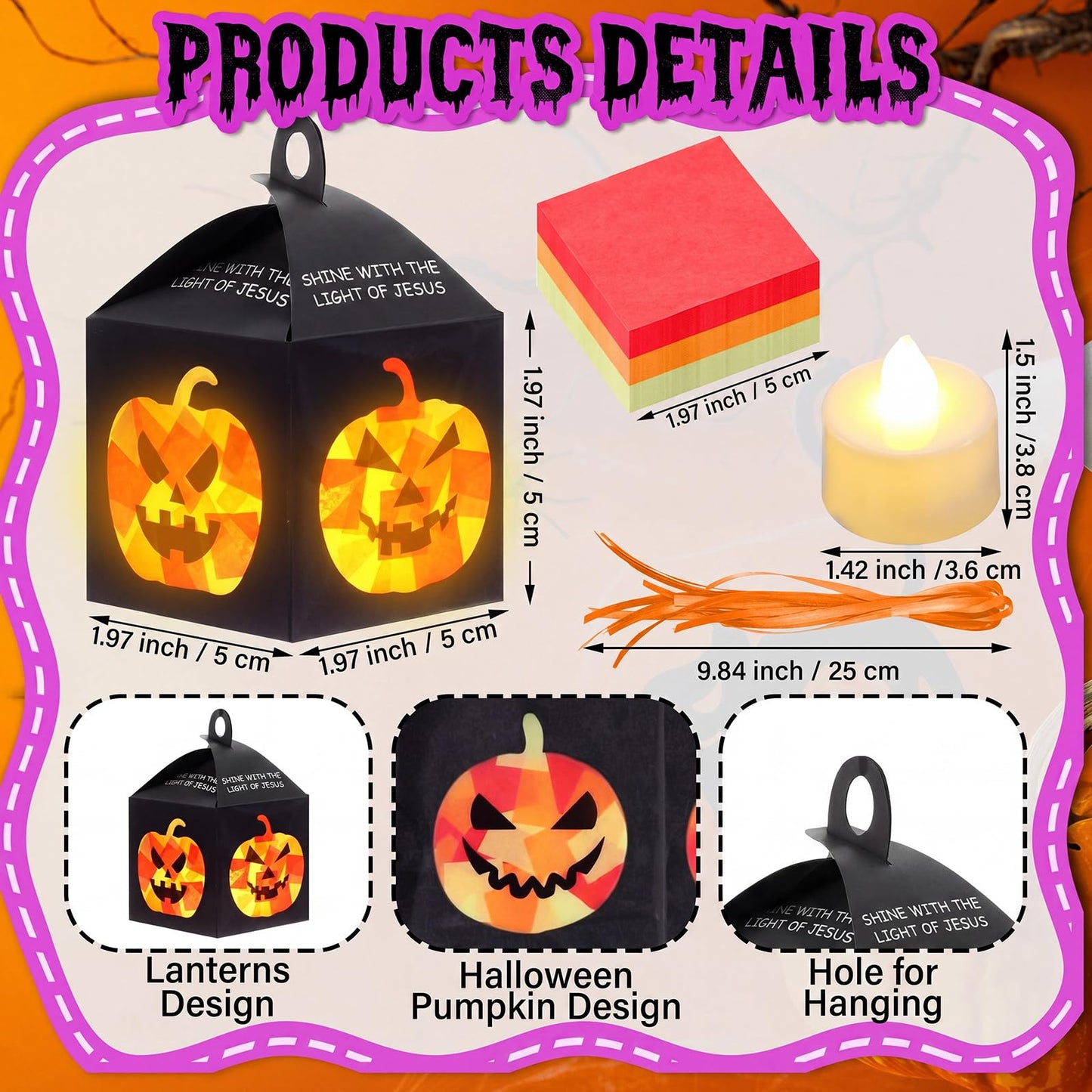 Simgoing 12 Sets Halloween Jack-O-Lantern Crafts with LED Candlelight Christian Shine with the Light of Jesus Tissue Paper Crafts Kits DIY Religious Hanging for Halloween Party Decors
