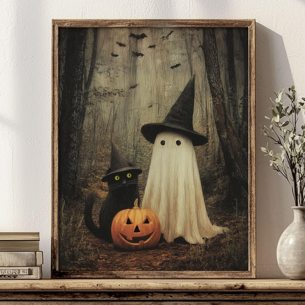 Japrex Ghost and Black Cat in Forest Wall Art Print, Spooky Halloween Art, Whimsigoth Wall Decor, Dark Academia Print, Farmhouse Halloween Decor, Fall Season Art (11 x 14 inch)