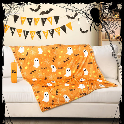 Meanplan 7 Pack Halloween Boo Basket Stuffers Halloween Gifts for Women Orange Basket Stuffer Includes 12oz Orange Acrylic Ghost Tumbler Velvet Blanket Crochet Ghost Keychain Socks for Family