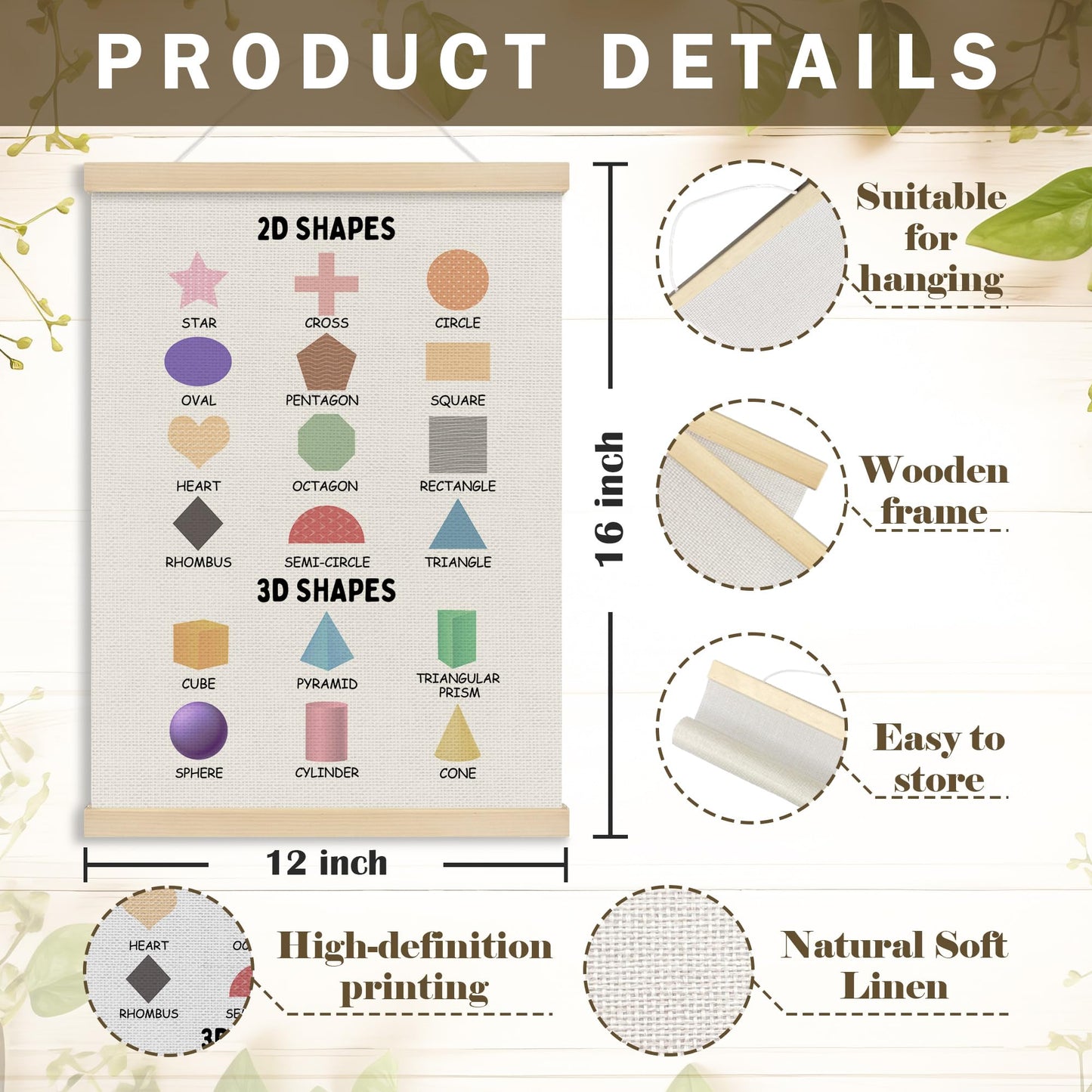 MOTERMATE 2D 3D Shapes Classroom Wall Art Poster for Teaching, Boho Toddler Room Decor, Learning Educational Poster Hanger Frame for Toddlers, Preschool Playroom Wall Hanging Banner Decor,12x16 Inch