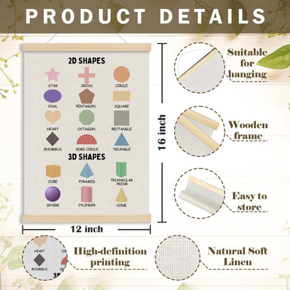 MOTERMATE 2D 3D Shapes Classroom Wall Art Poster for Teaching, Boho Toddler Room Decor, Learning Educational Poster Hanger Frame for Toddlers, Preschool Playroom Wall Hanging Banner Decor,12x16 Inch