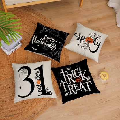 Neatee Living Halloween Pillow Covers 16x16 Set of 4 Trick or Treat Decorative Throw Pillows Cover Black Spider Webs Pillow Cases Home Outdoor Sofa Couch Cushion Covers for Halloween Decor (16 by 16)