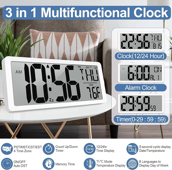 Atomic Clock 14.9" Digital Wall Clock Battery Operated Atomic Wall Clock Large Digital Alarm Clock with Day Date & Temperature for Wall Bedroom Living Room Classroom Home Office