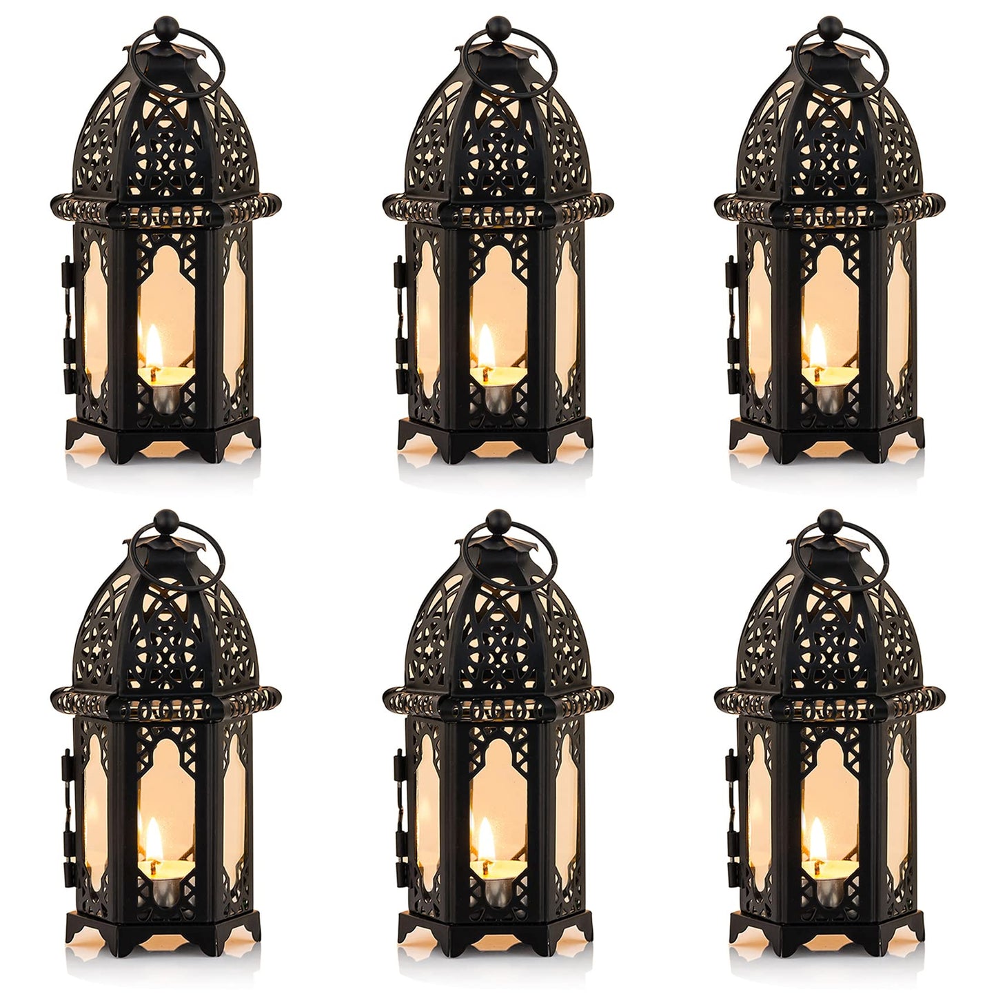 NUPTIO 6 Pcs Hanging Candle Holder Lantern Centerpiece Table/Hanging Glass Hexagon Moroccan Candle Lantern Holders, Black
